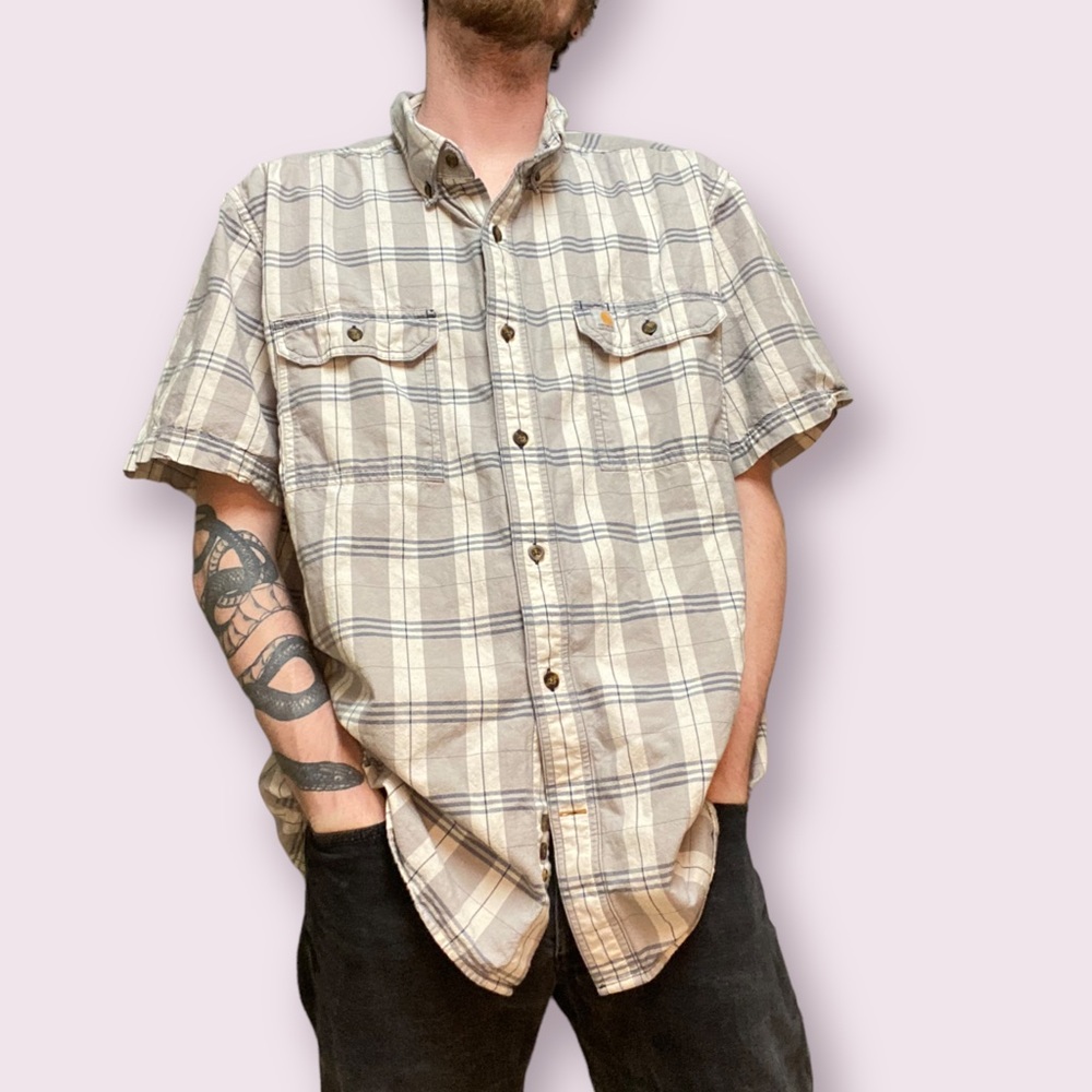 Men’s blue / grey / white plaid Carhartt shirt sleeve collared shirt